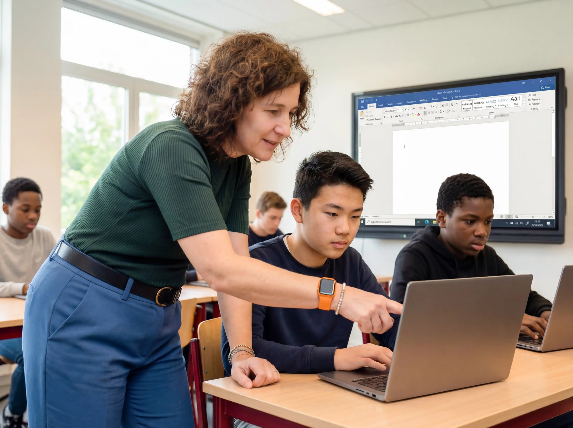Docent Helpt Leerling Met Laptop In De Les