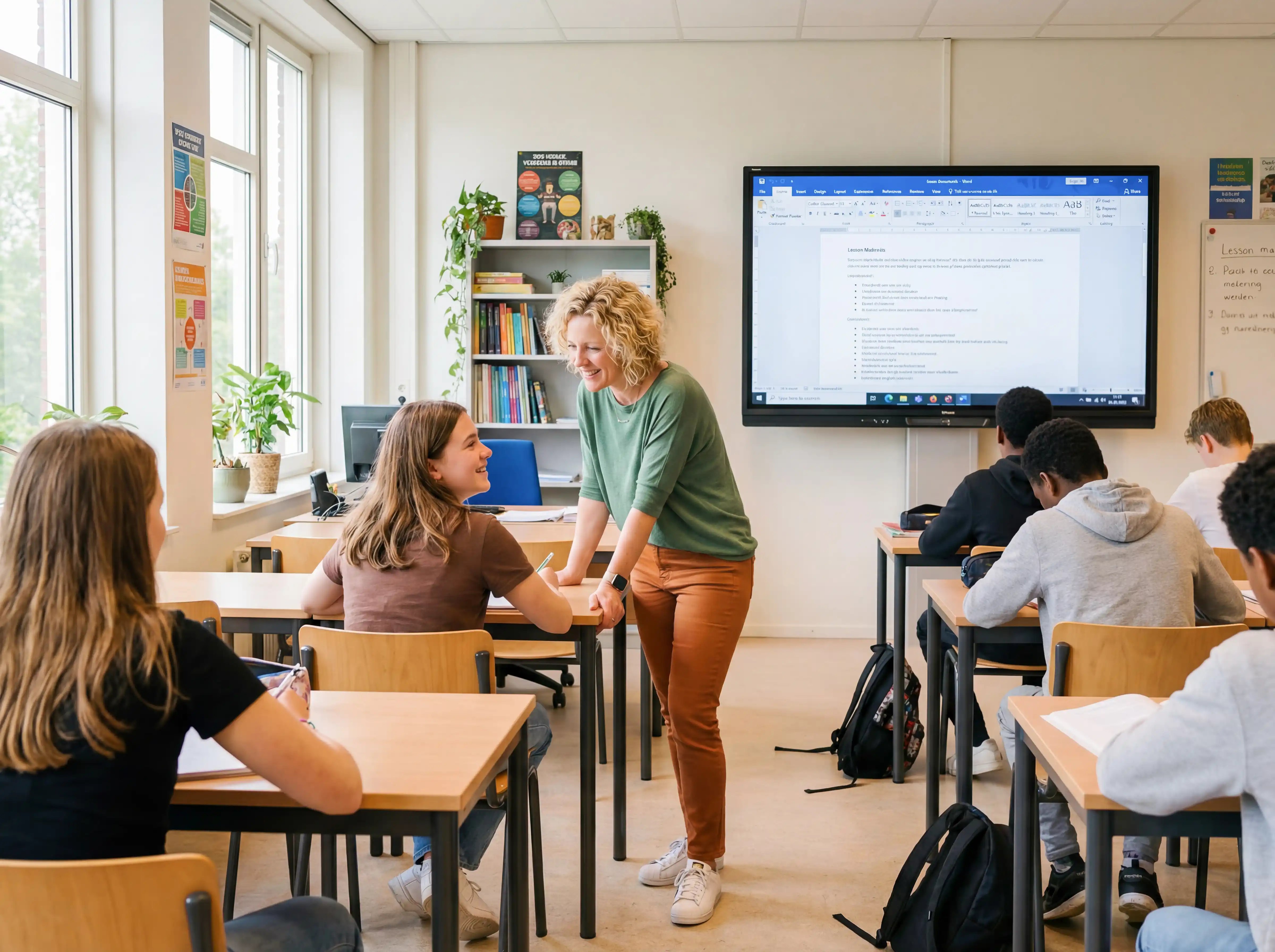 Lerares Begeleidt Leerling Aan Bureau