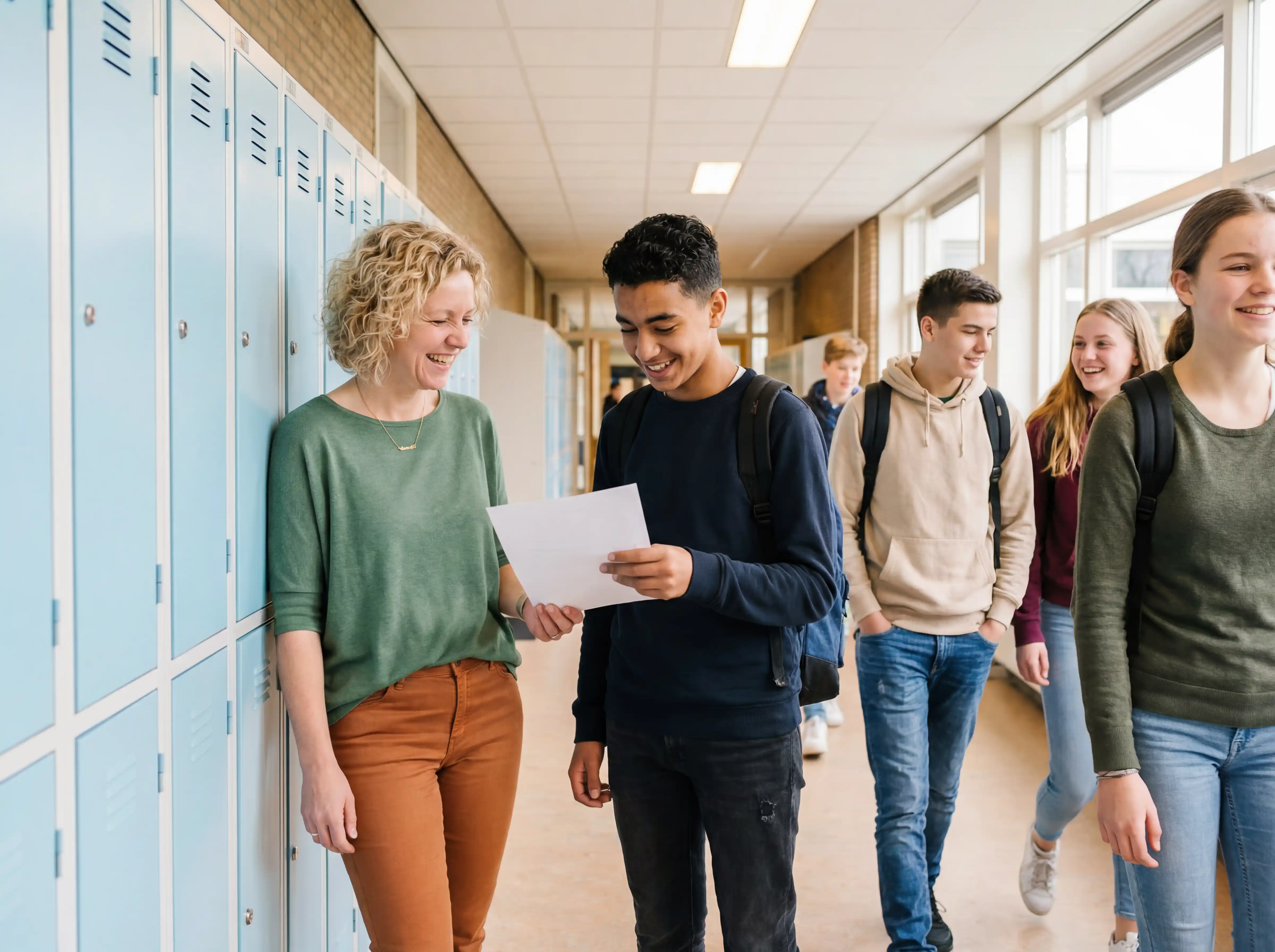 Leerling En Docent Bekijken Samen Documenten In Gang